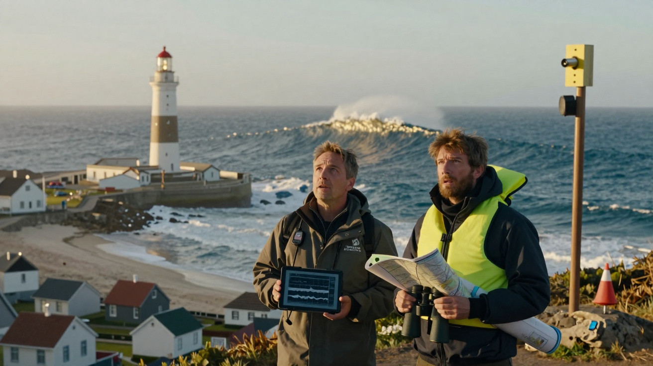 Dois homens com equipamento de navegação e mapas perto de um farol à beira-mar com ondas grandes.