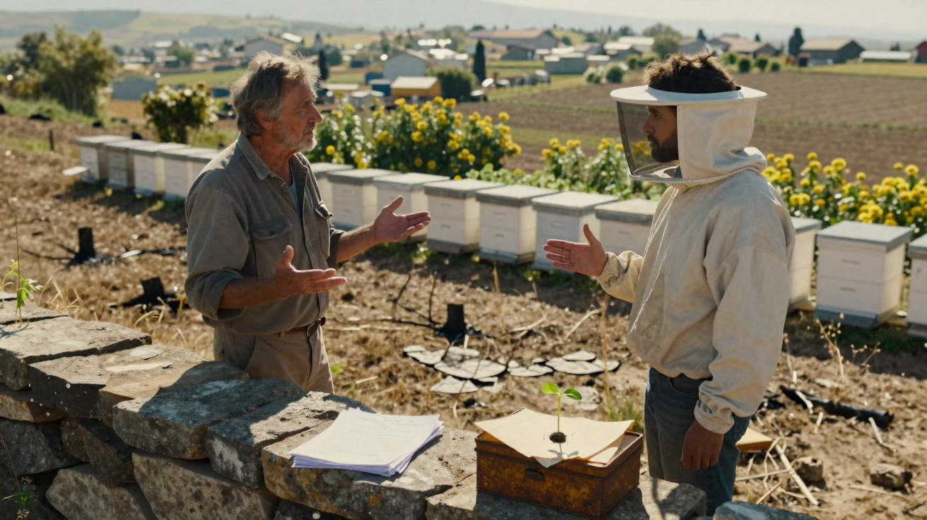 Dois apicultores a conversar junto a colmeias num campo rural ensolarado.