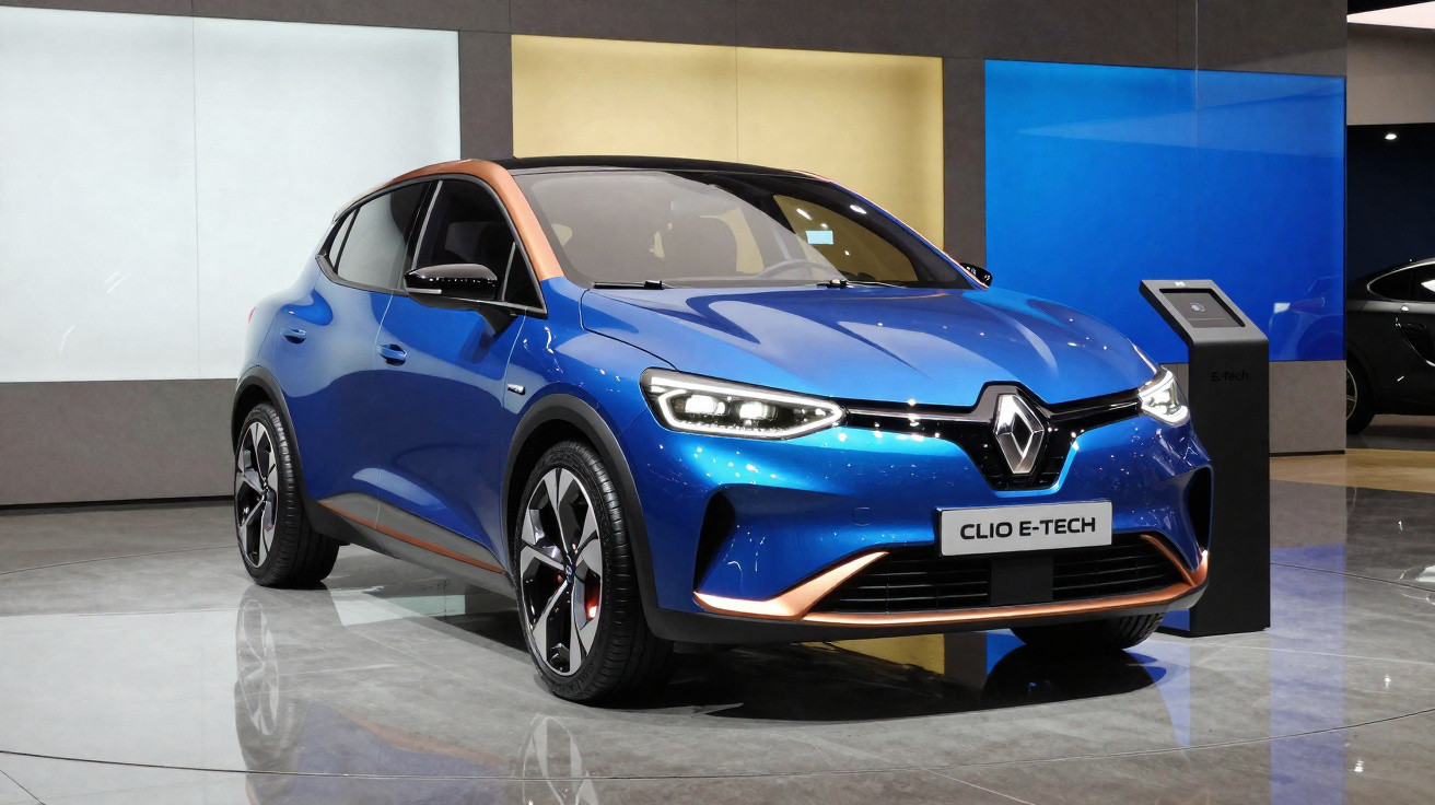 Renault Clio E-Tech azul com detalhes em cobre exposto numa sala de exposição moderna.