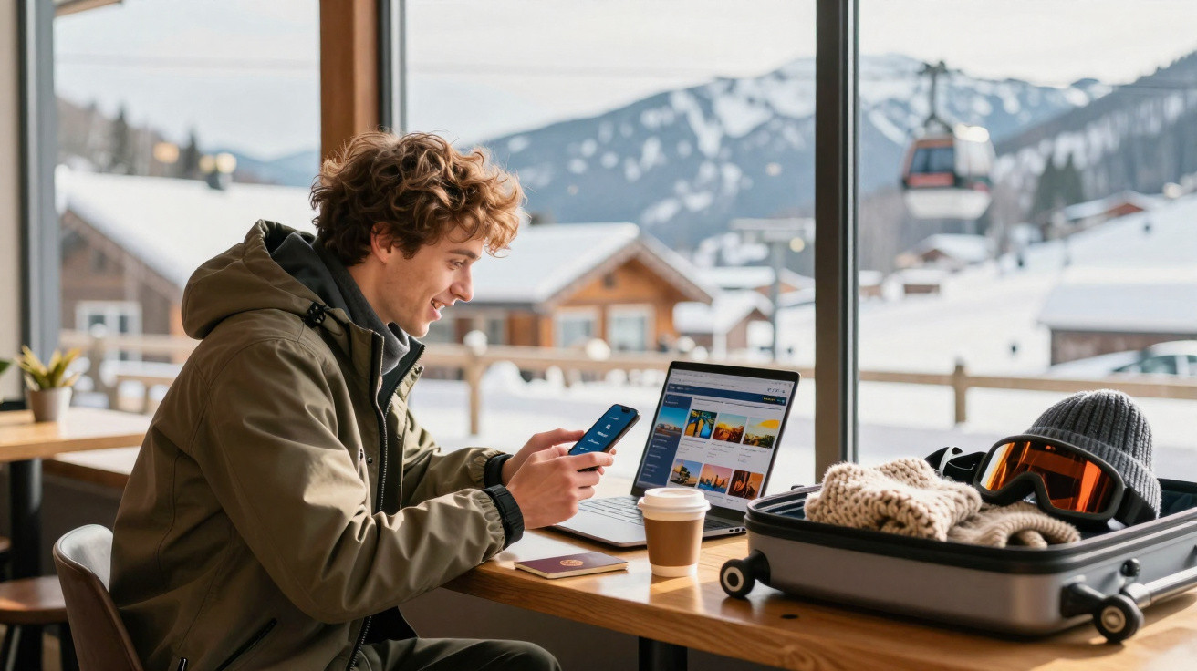 Homem num café de montanha a usar telemóvel com computador e malas abertas, neve e teleférico ao fundo.
