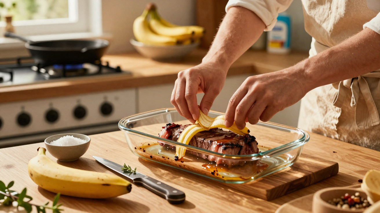 Mãos a colocar fatias de banana sobre carne marinada numa assadeira de vidro numa cozinha iluminada.
