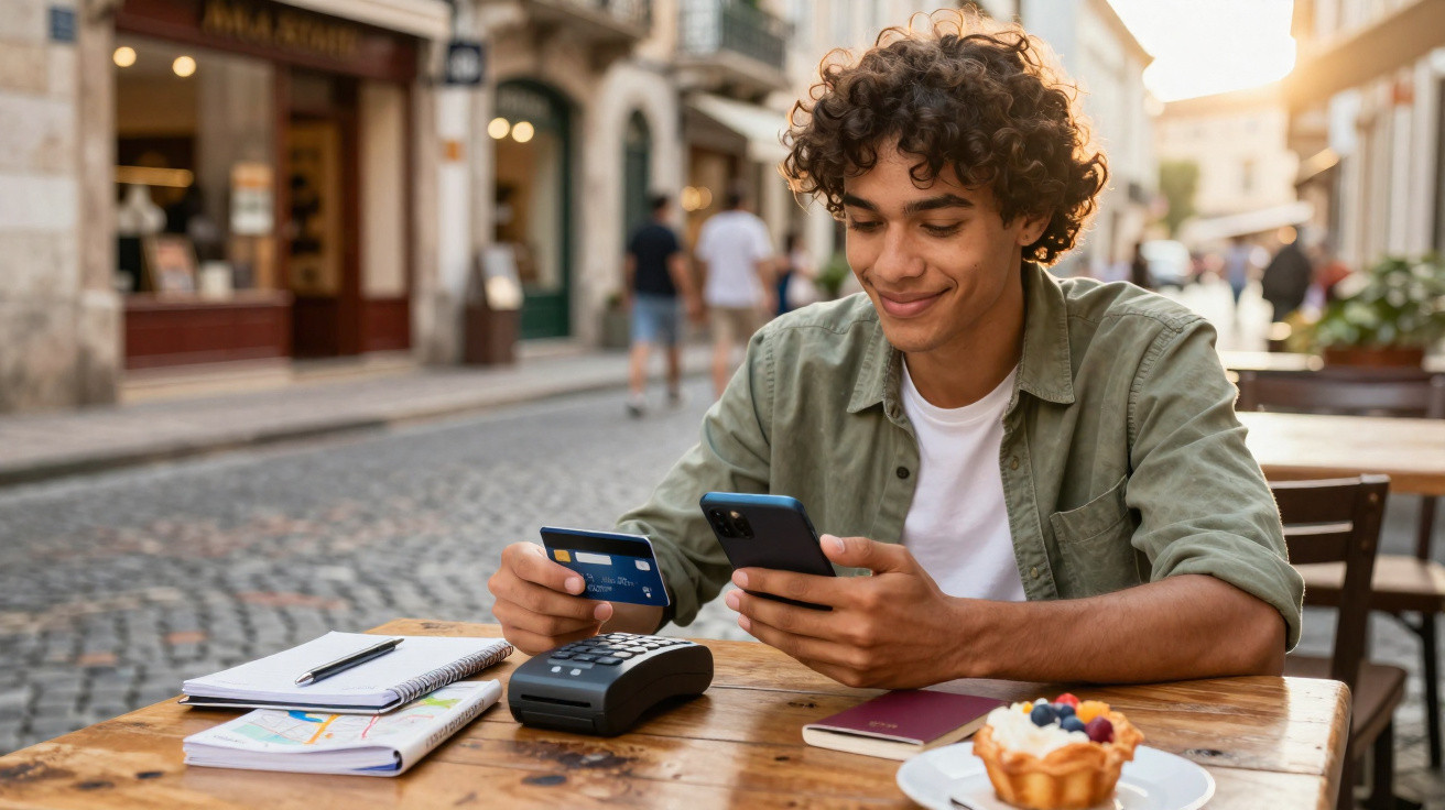 Jovem a pagar com cartão e telemóvel num café ao ar livre numa rua urbana pavimentada.