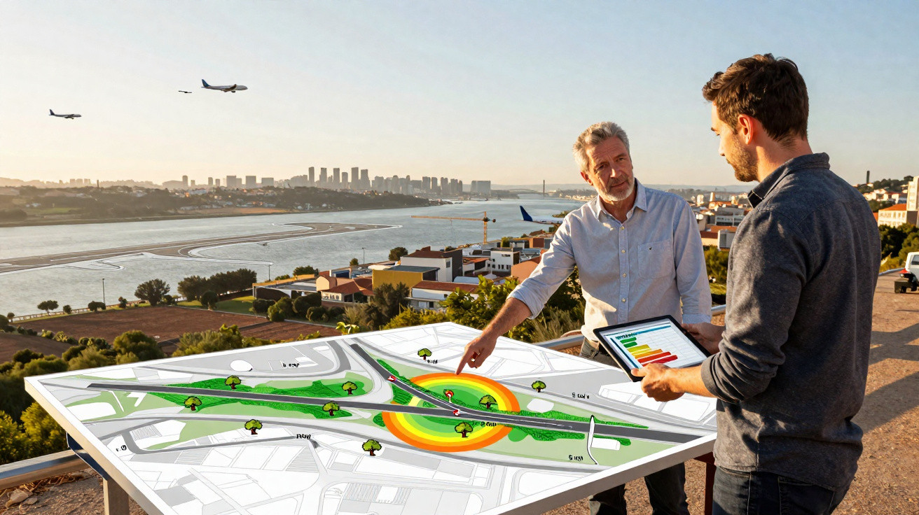 Dois homens analisam planta de projeto urbano ao ar livre com aeroporto e aviões ao fundo ao pôr do sol.