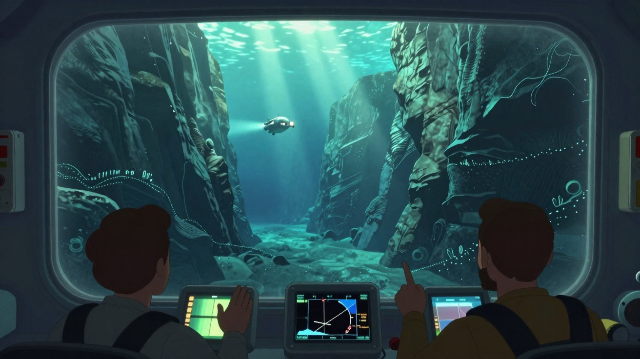 Dois homens observam do interior de um submarino um drone subaquático em passagem por ravina oceânica iluminada.