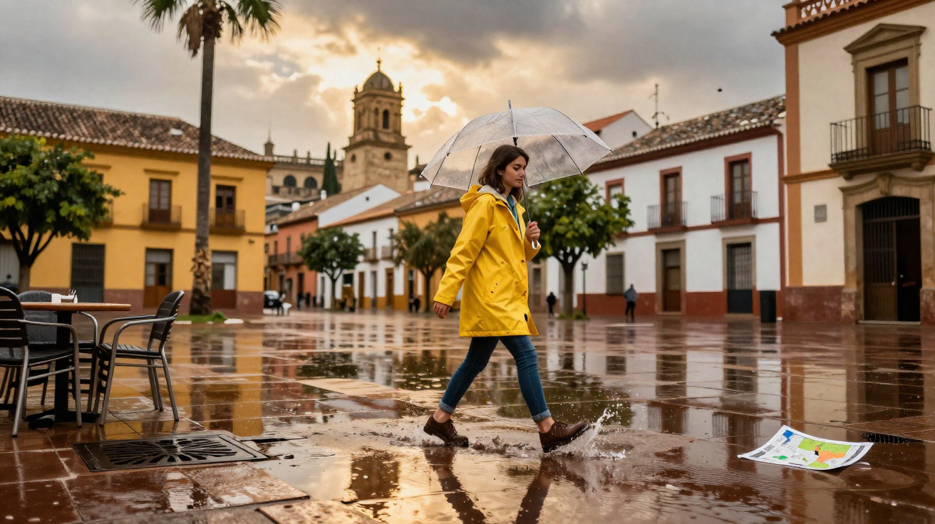 Mulher com impermeável amarelo e guarda-chuva transparente a caminhar numa praça molhada ao entardecer.
