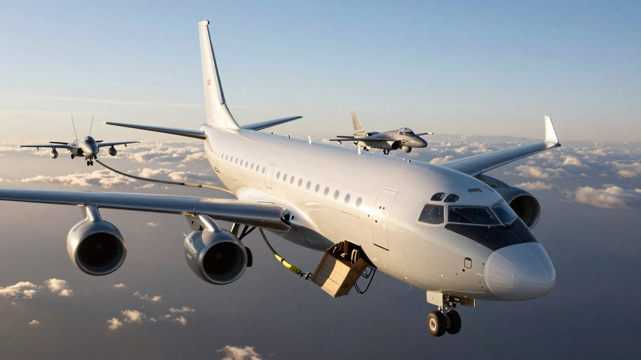 Avião branco a ser reabastecido em voo com outro avião e dois jatos militares a acompanhá-lo.