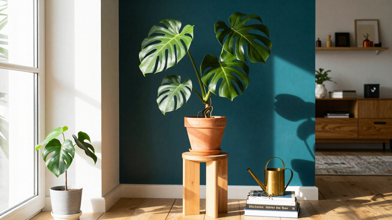 Planta monstera em vaso de barro sobre suporte de madeira, ao lado de outra planta e regador dourado.