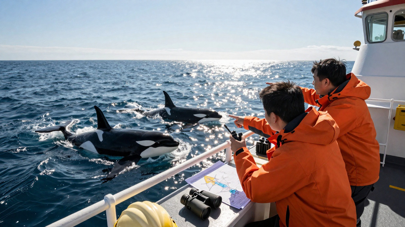 Duas pessoas num barco observam e apontam para três orcas a nadar próximo à embarcação.