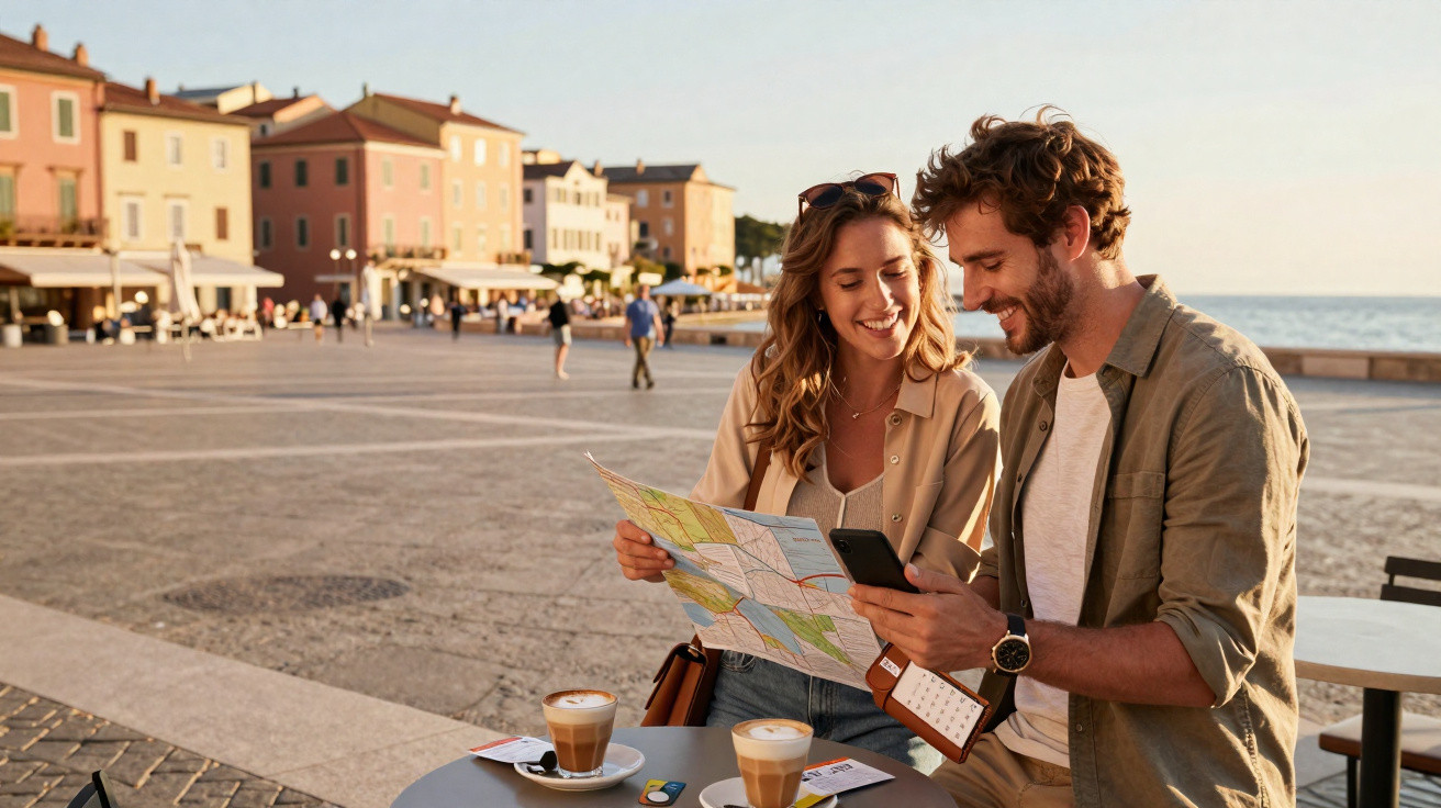 Casal sorridente consulta mapa e telemóvel numa esplanada perto do mar ao pôr do sol.