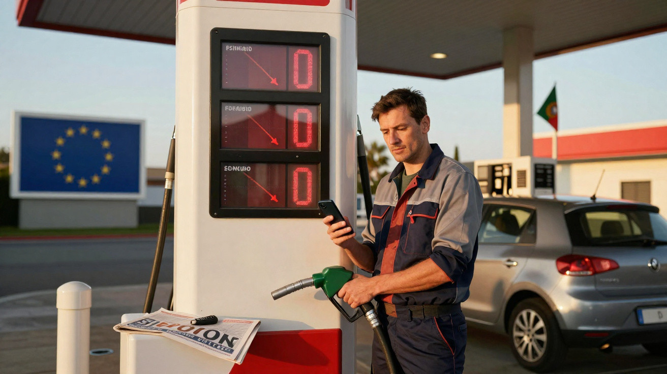 Homem com fato de mecânico segura mangueira de combustível e telemóvel em posto de gasolina com preços a zero.
