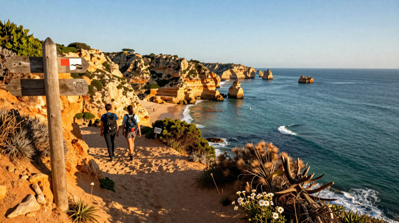 Duas pessoas caminham por trilho costeiro junto a falésias rochosas e mar calmo ao entardecer.
