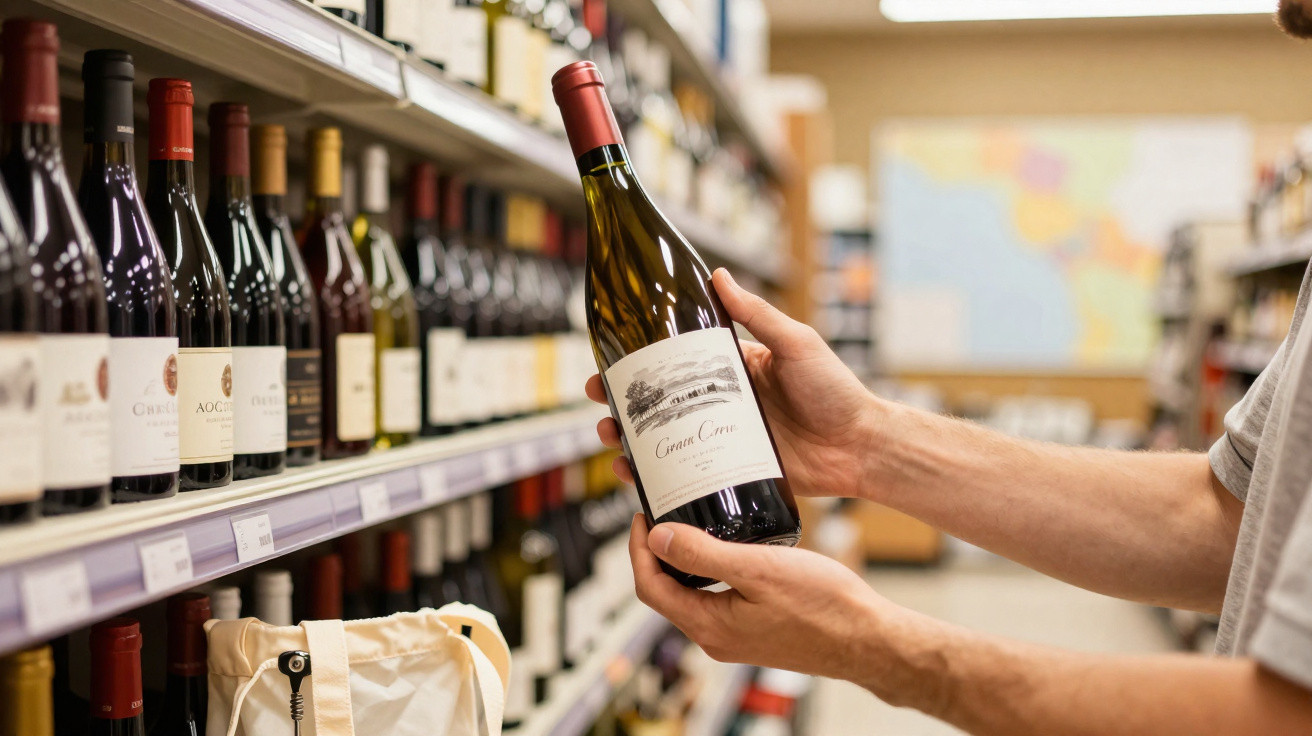 Pessoa a segurar uma garrafa de vinho tinto numa prateleira cheia de garrafas numa loja.