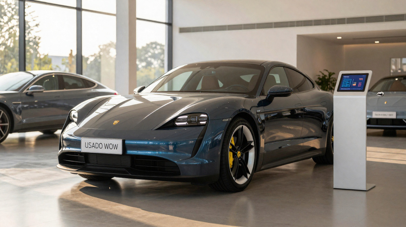 Carro desportivo elétrico cinza com placa "USADO WOW" em exposição numa sala iluminada.