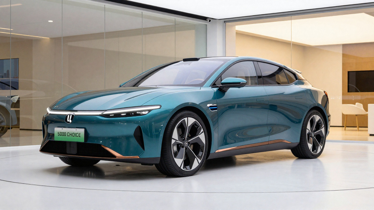 Carro elétrico azul metálico com design moderno exposto numa sala com paredes de vidro.