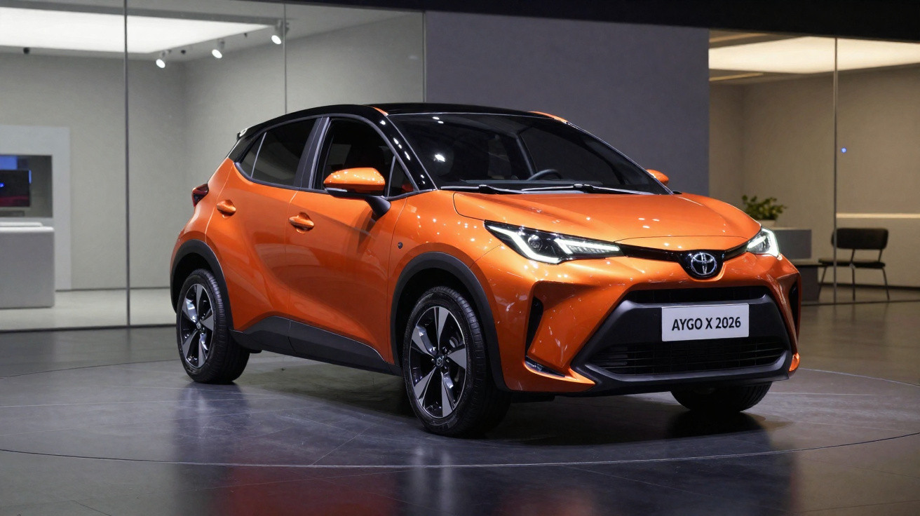 Toyota Aygo X 2026 laranja com tejadilho preto exposto numa sala de exposição moderna.
