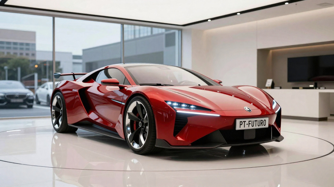 Carro desportivo vermelho futurista numa sala de exposição moderna com iluminação e placa PT-FUTURO.