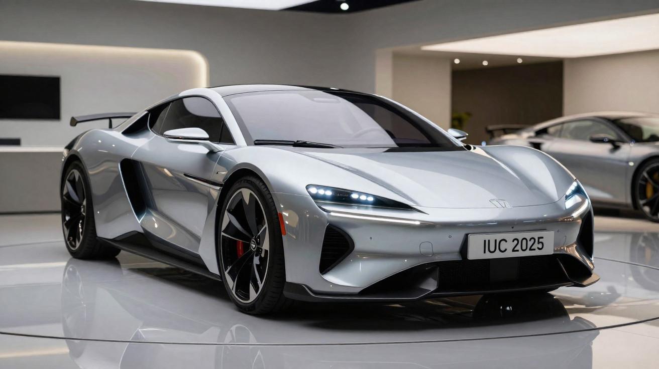 Carro desportivo elétrico cinzento prateado num salão de automóveis moderno e luminoso.