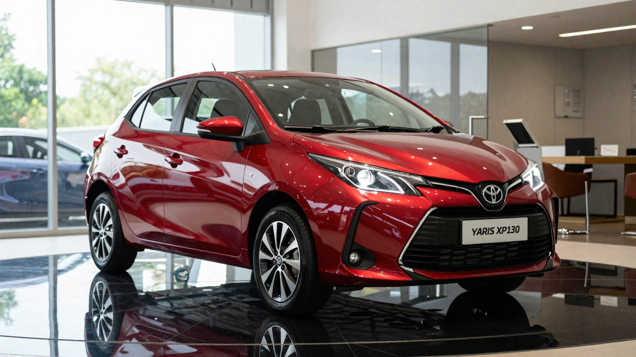 Carro Toyota Yaris XP130 vermelho exposto em showroom com chão preto espelhado e luz natural.