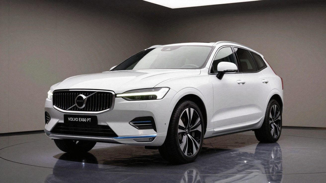 Carro Volvo XC60 PT branco estacionado em estúdio com fundo cinzento e piso refletor.