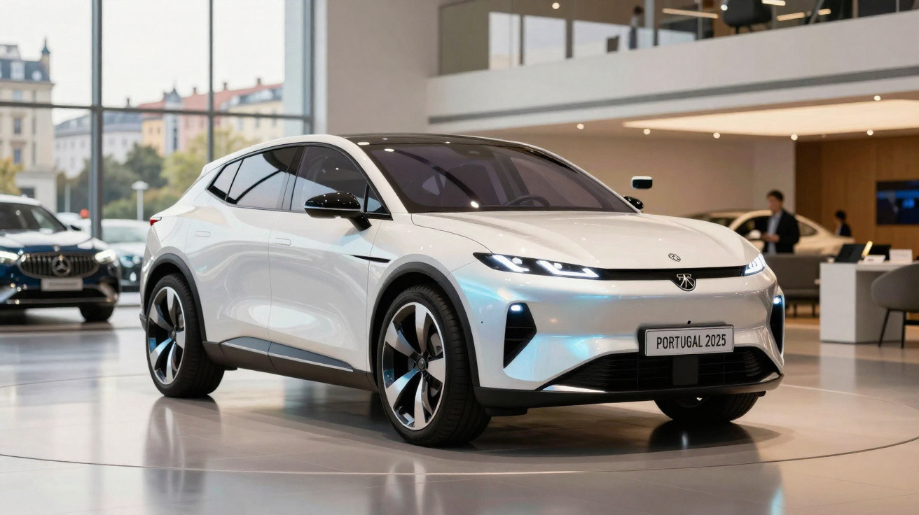 Automóvel elétrico branco em exposição num espaço moderno com grandes janelas e carros ao fundo.