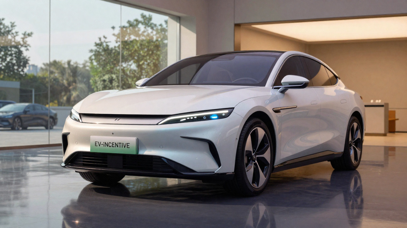 Carro elétrico branco com design moderno e elegante, estacionado num interior com vidro e luz natural.
