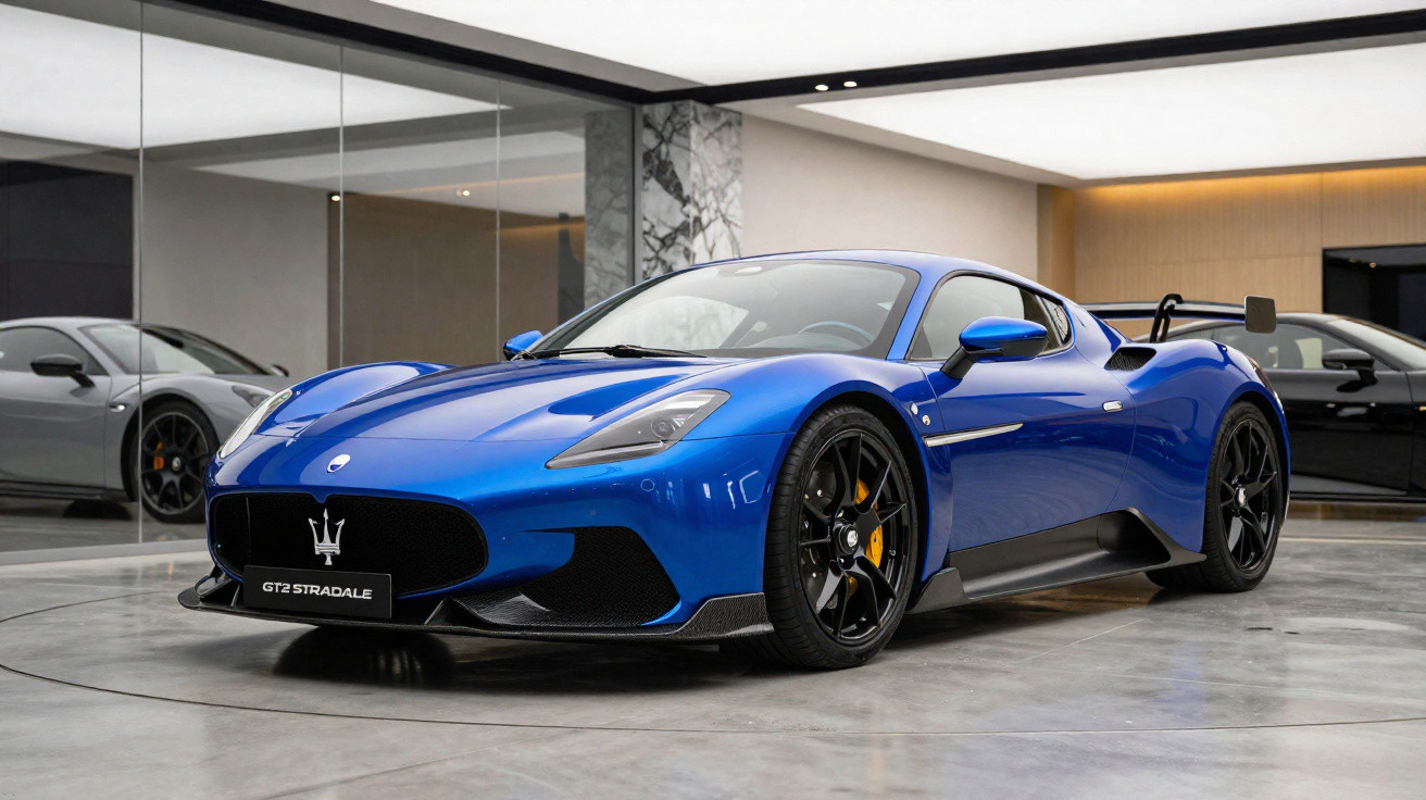 Carro desportivo azul Maserati GT2 Stradale estacionado em piso de cimento num espaço interior moderno.