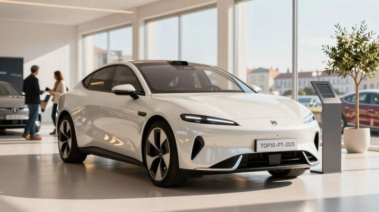 Carro desportivo elétrico branco em exposição numa sala com janelas grandes e pessoas ao fundo.