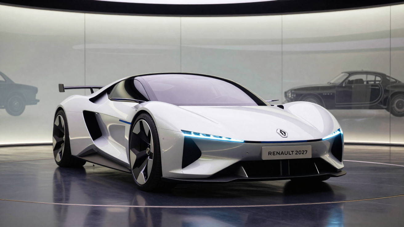 Carro desportivo elétrico branco da Renault 2027 exposto num salão moderno e minimalista.