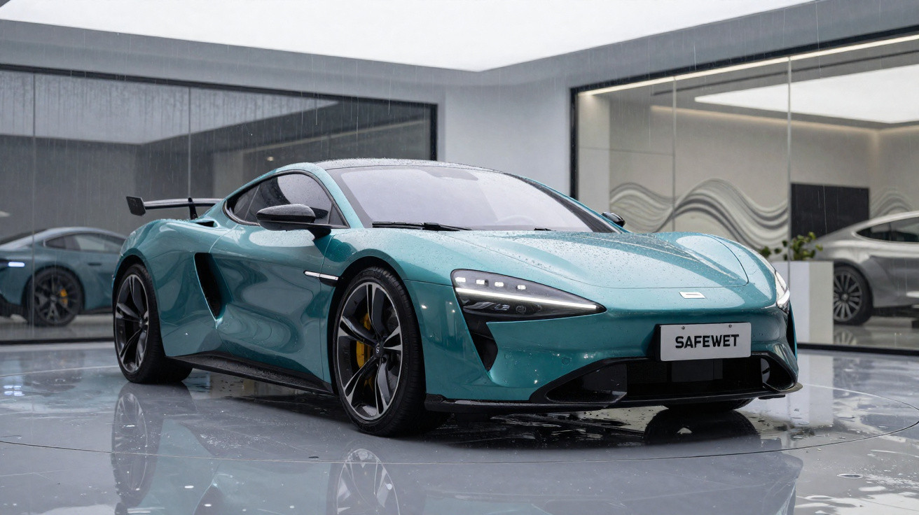 Carro desportivo azul turquesa num showroom moderno com piso espelhado e paredes de vidro.