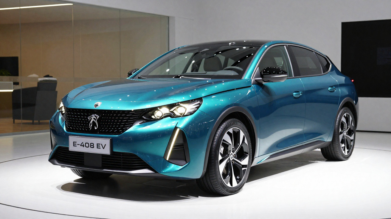 Carro elétrico Peugeot E-408 EV azul, exibido em ambiente interior.