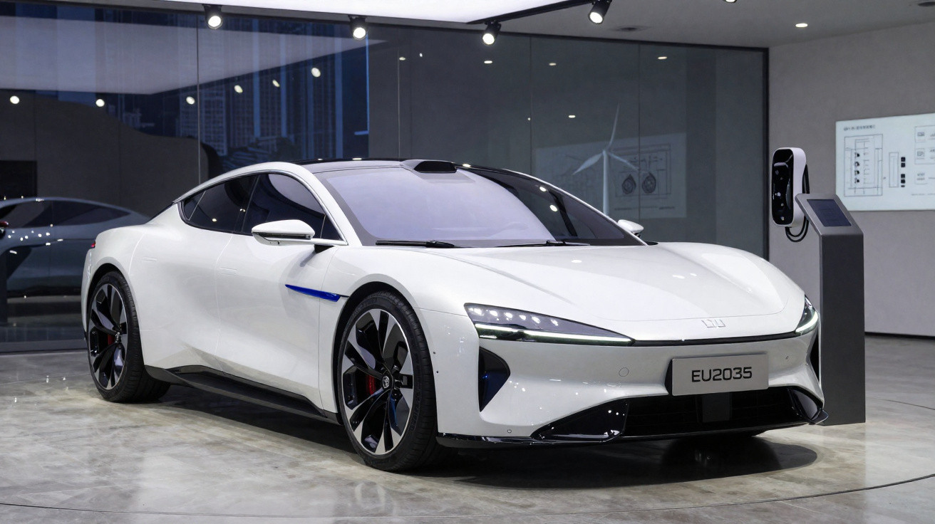 Carro elétrico branco desportivo estacionado em showroom moderno com posto de carregamento ao lado.