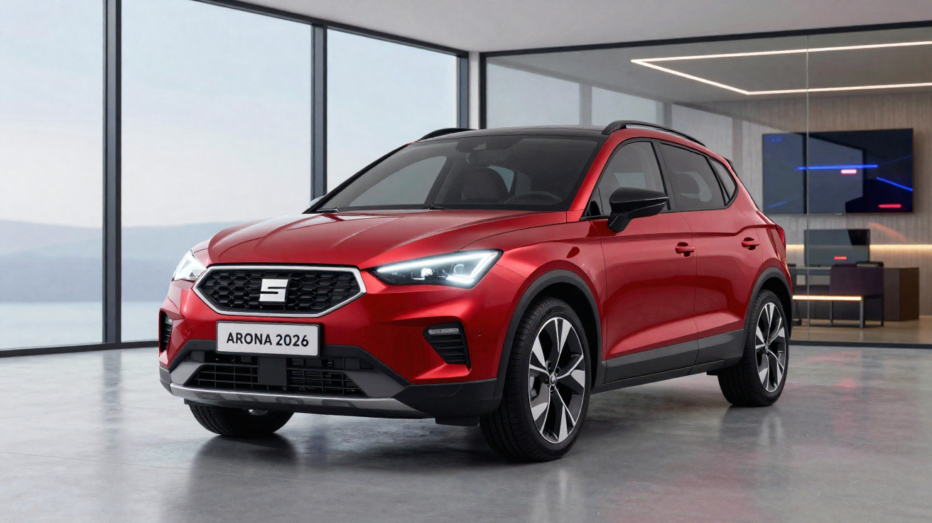Carro vermelho Seat Arona 2026 estacionado num espaço interior moderno com grandes janelas.