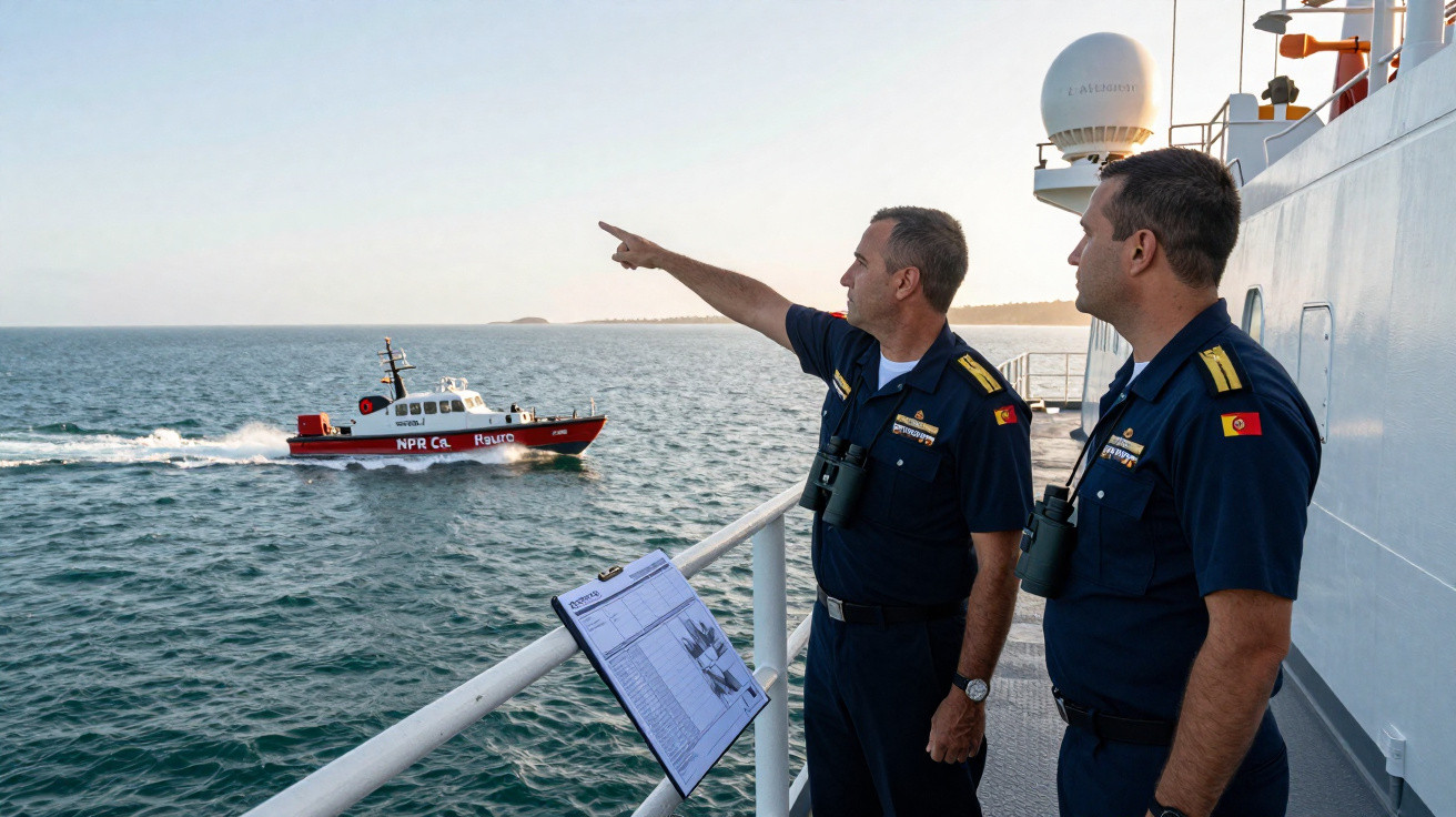 Dois oficiais da marinha em uniforme observam e apontam para uma embarcação vermelha no mar a partir de um navio.