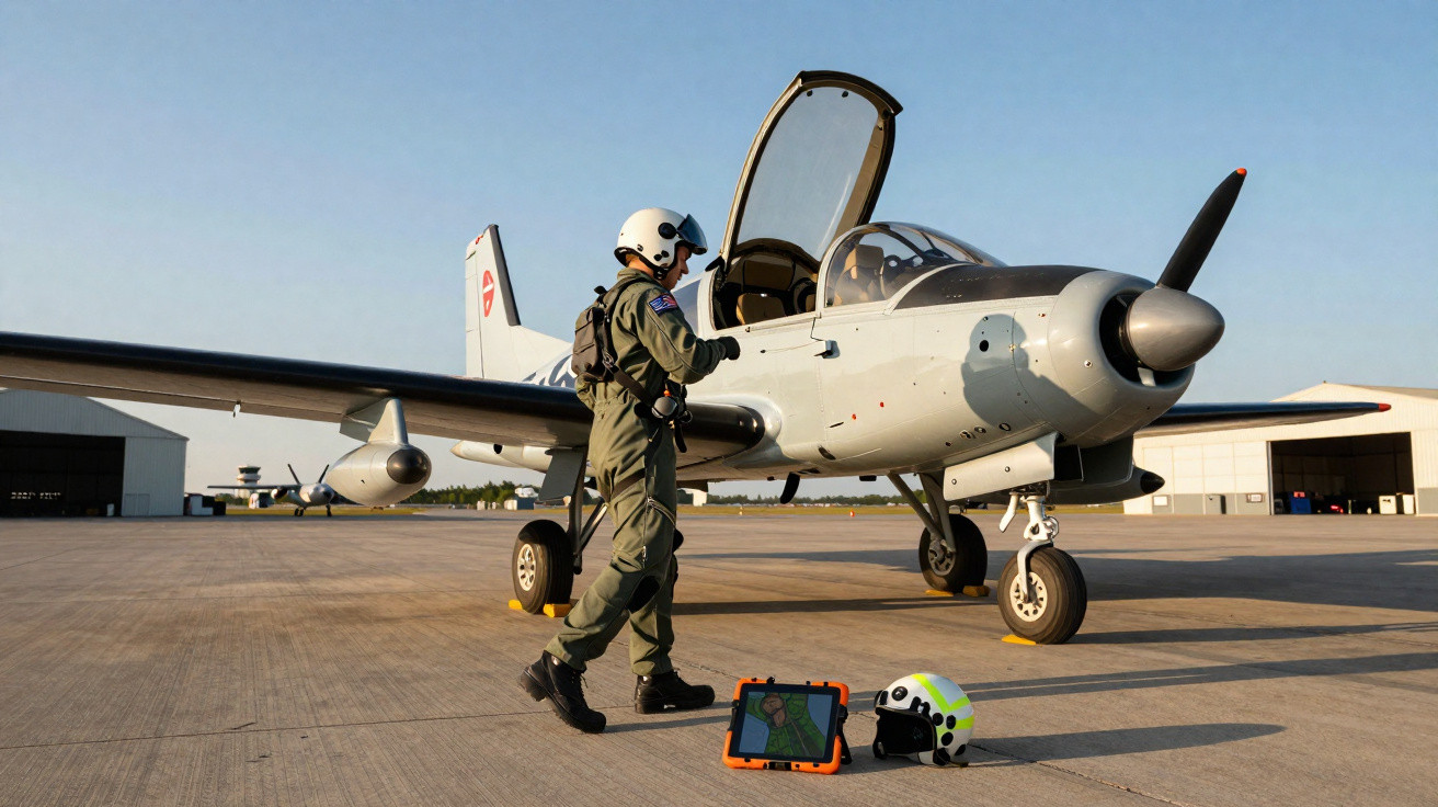 Piloto militar com capacete a entrar em avião de treino estacionado numa pista ao entardecer.