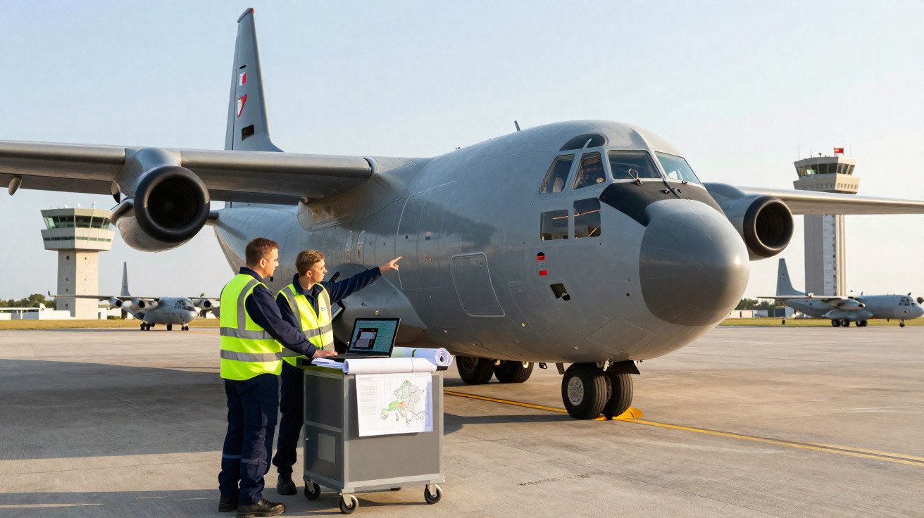 Dois técnicos em coletes refletivos junto a um avião militar cinzento numa pista de aeroporto com duas torres de controlo ao 