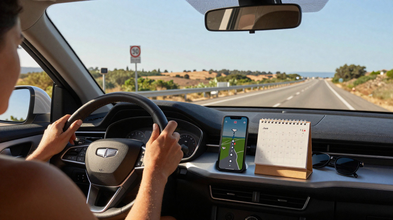 Pessoa a conduzir um carro numa estrada aberta com GPS no telemóvel e calendário na consola.