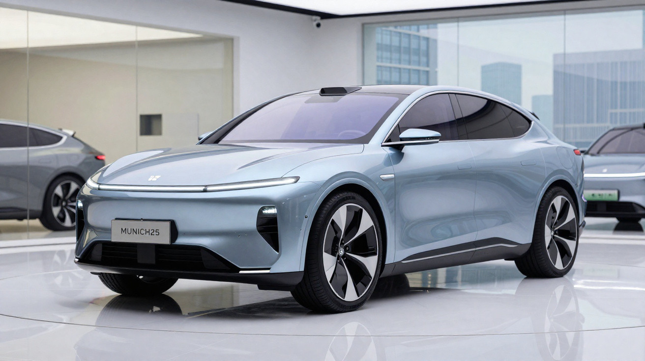 Carro elétrico moderno azul prata exposto numa sala com janelas grandes e outro carro ao fundo.