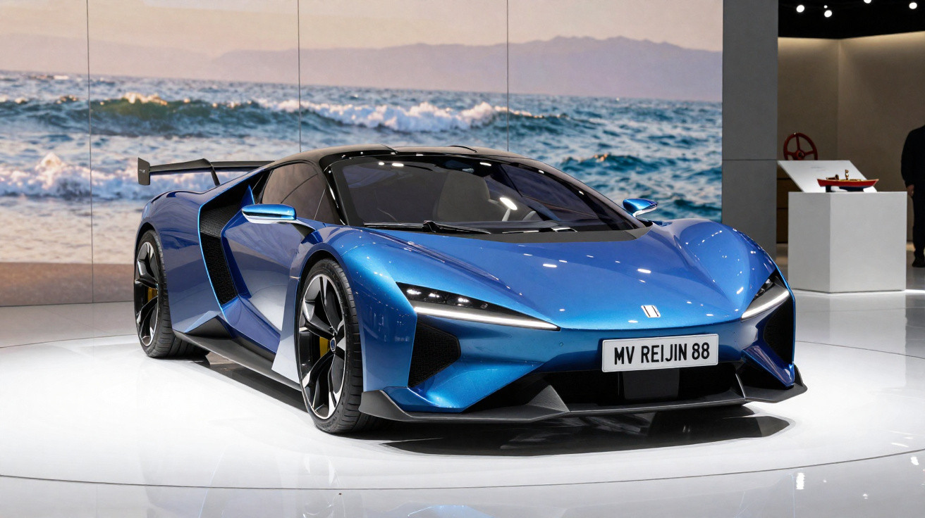 Carro desportivo azul metálico exposto em ambiente interior com fundo de mar e montanhas.