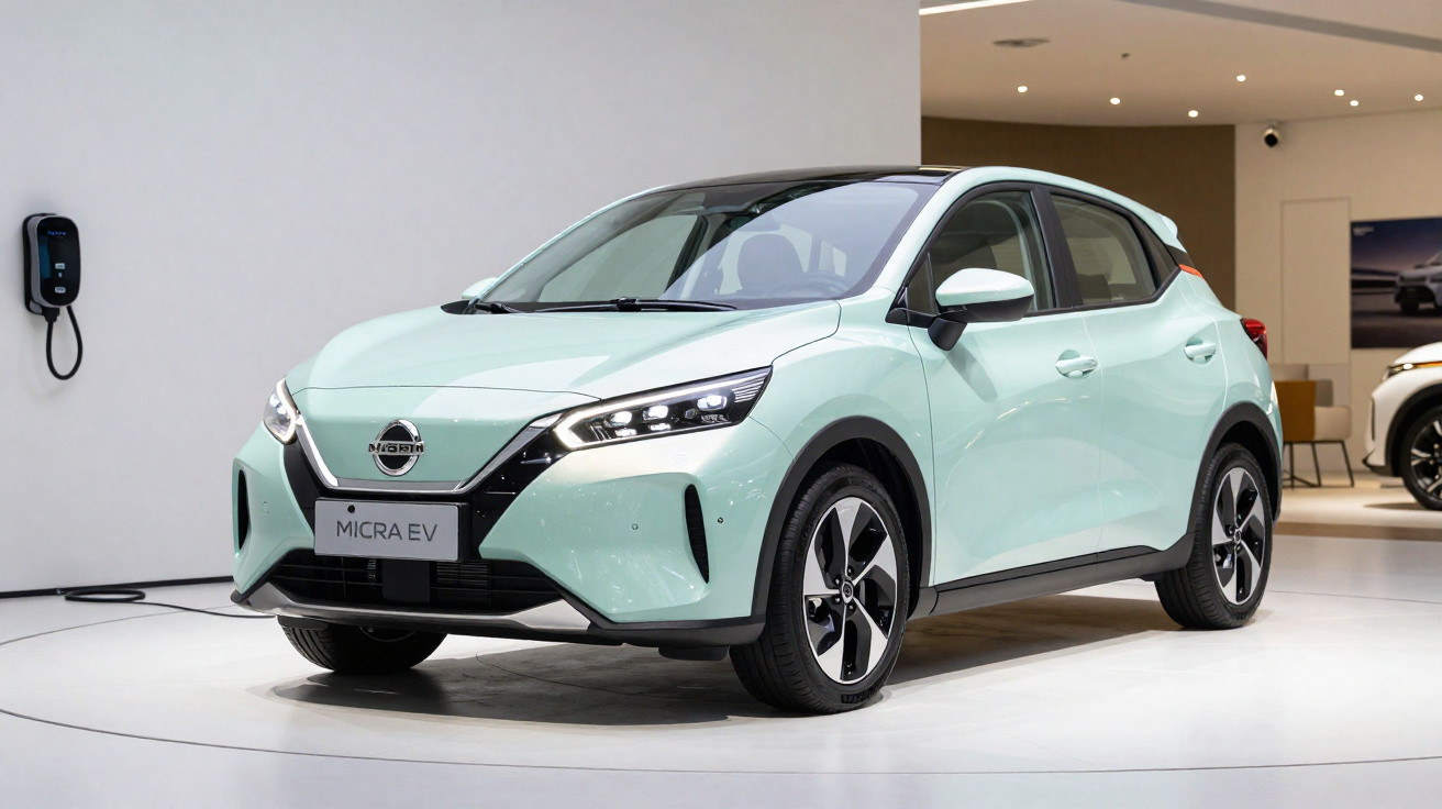 Carro elétrico Nissan Micra EV verde claro estacionado num salão com posto de carregamento na parede.