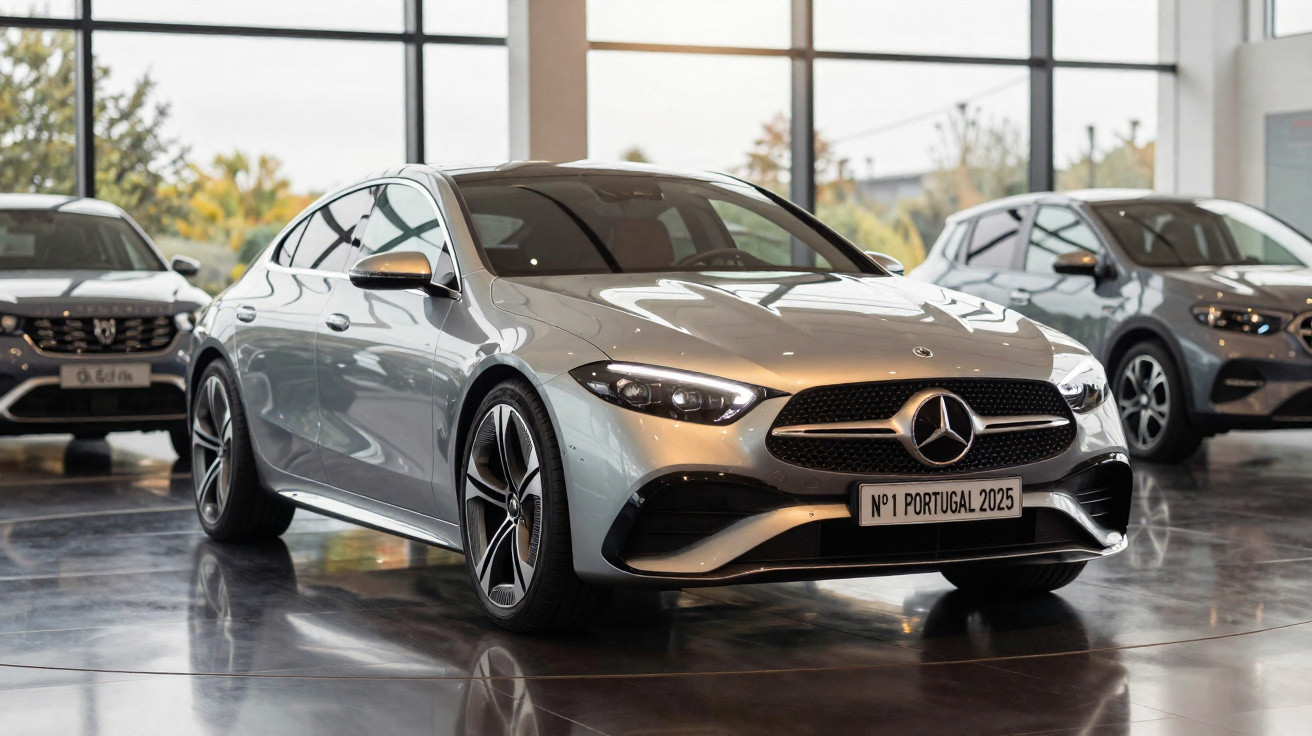 Carro prata Mercedes-Benz exposto em salão de automóveis com outras viaturas ao fundo.