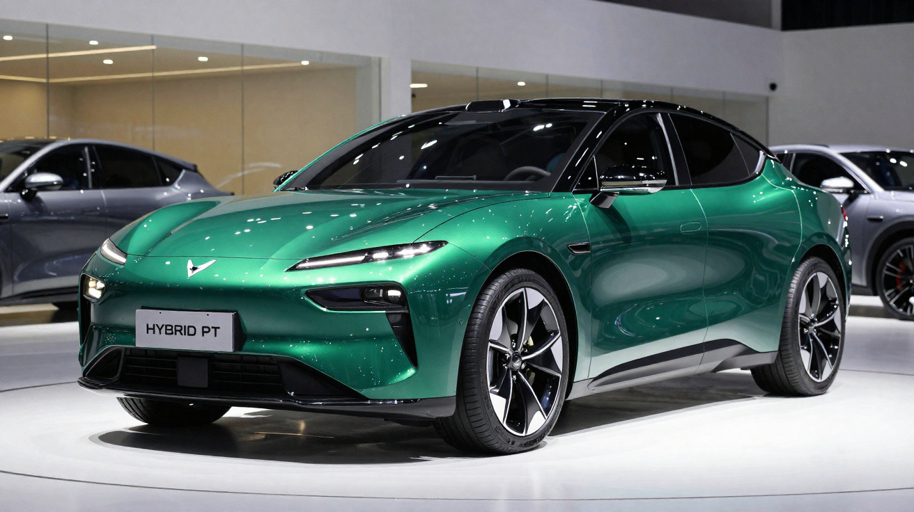 Carro desportivo híbrido verde exposto em salão automóvel com design moderno e elegante.