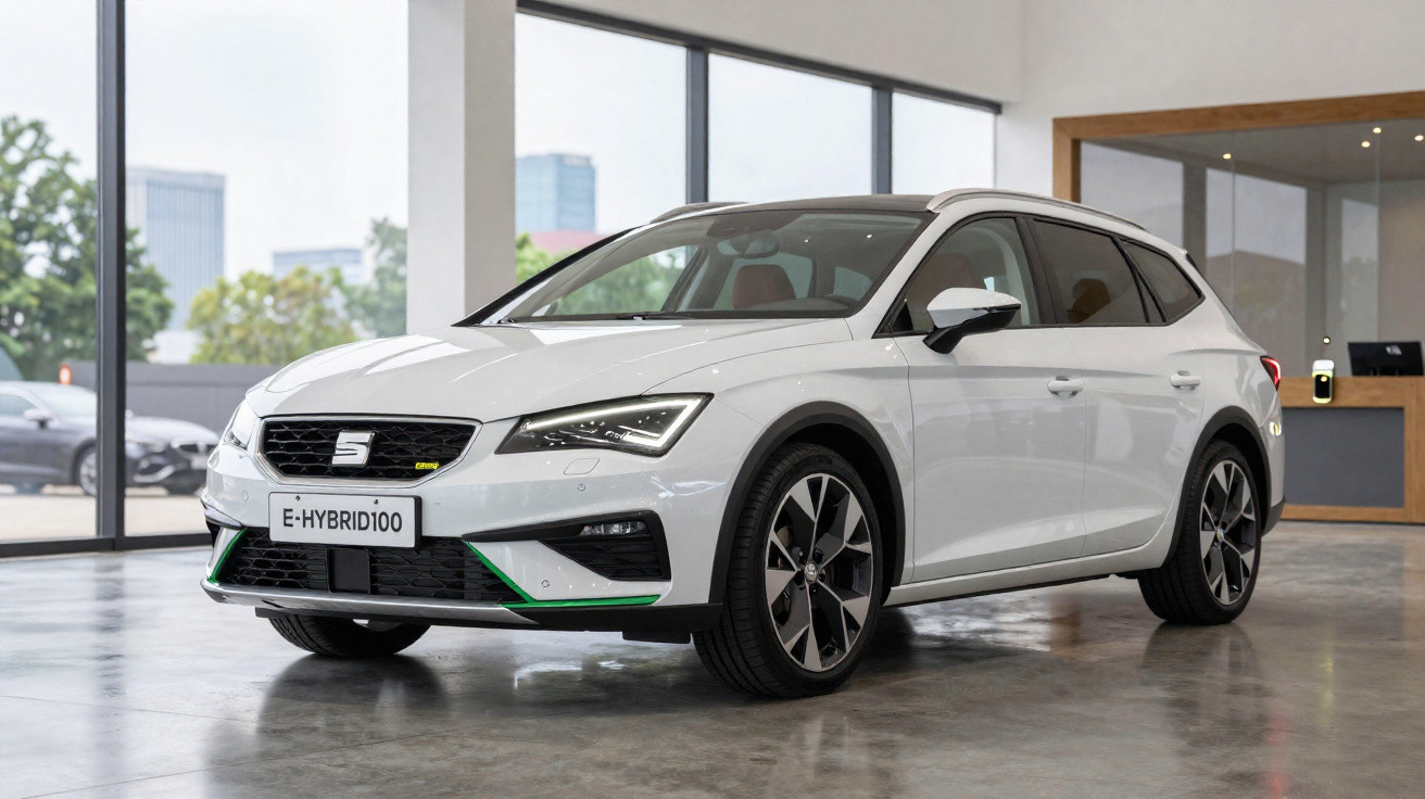 Carro híbrido branco Seat e-HYBRID100 estacionado em showroom com piso refletivo e janelas amplas ao fundo.