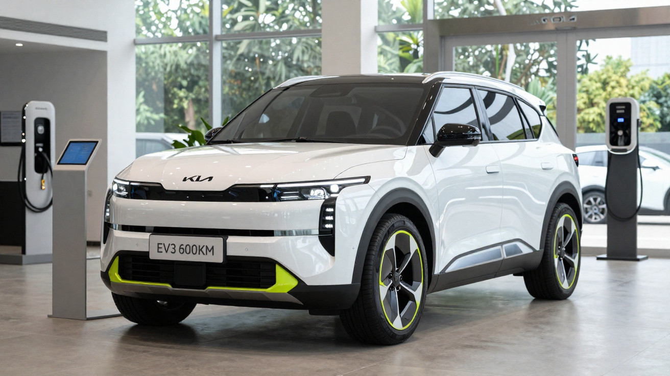 Carro elétrico branco Kia EV3 600KM estacionado numa sala com estações de carregamento.