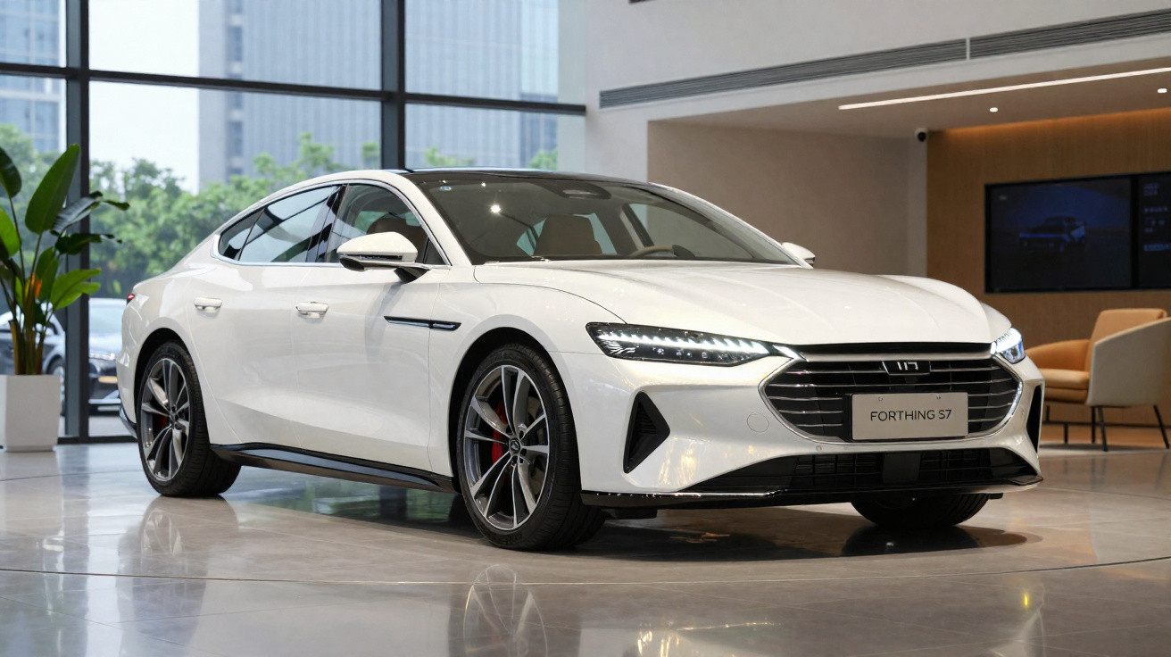 Carro desportivo branco Forthing S7 apresentado num showroom moderno com janelas amplas e plantas decorativas.