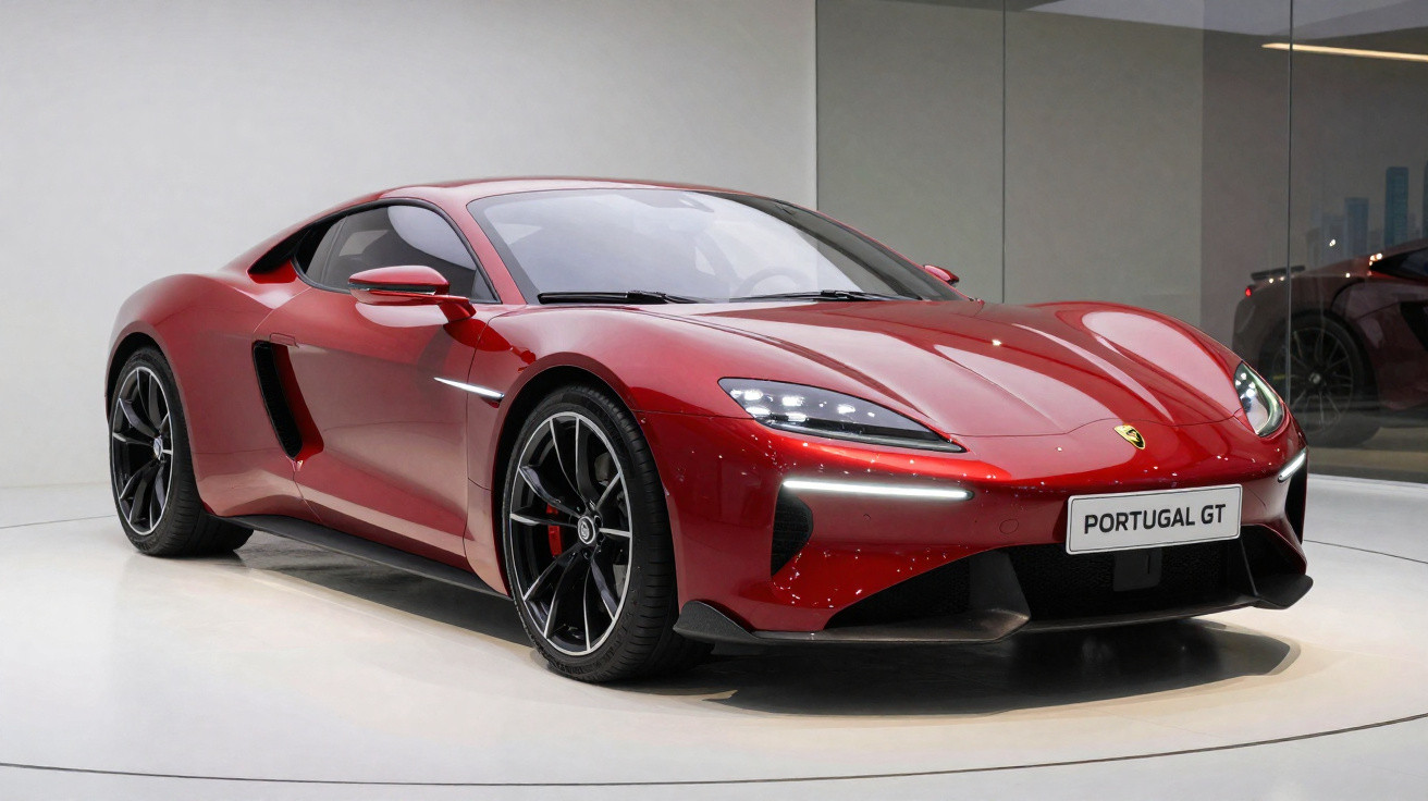 Carro desportivo vermelho Portugal GT exibido em salão com design moderno e rodas pretas.