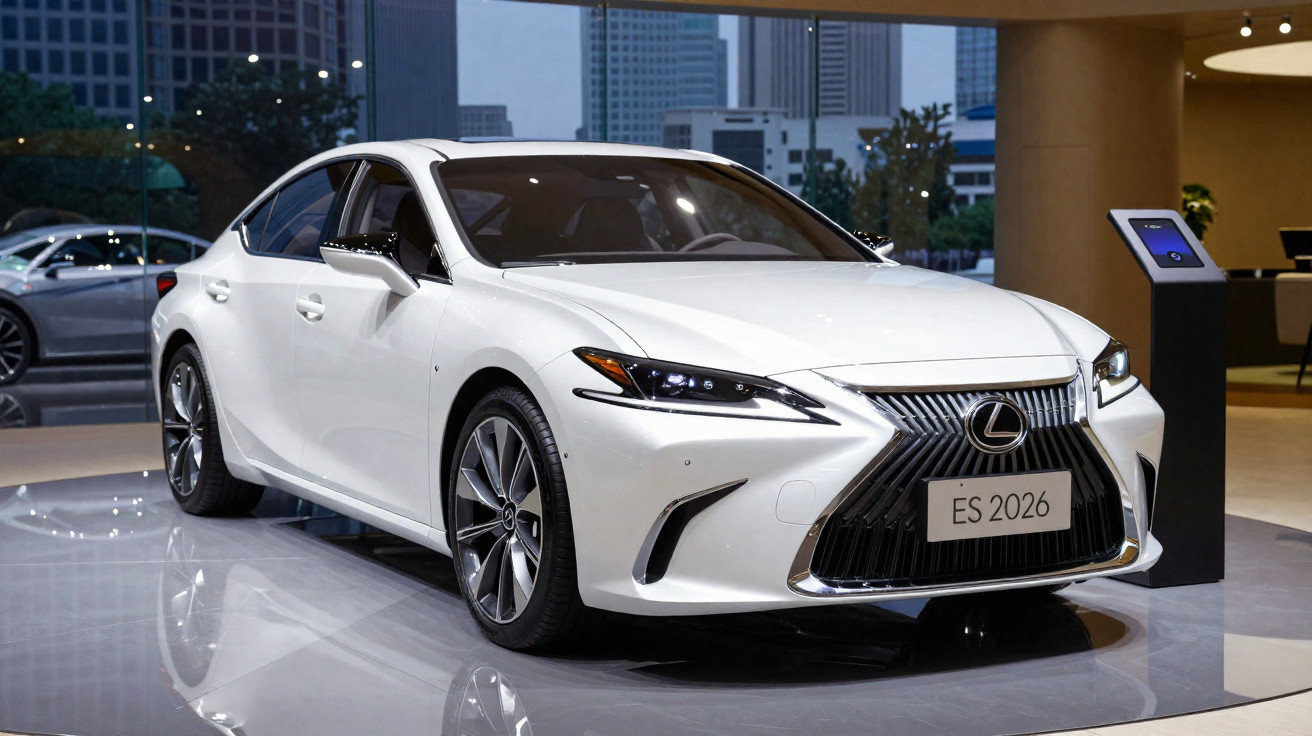 Carro sedan Lexus ES 2026 branco exibido em showroom com edifícios ao fundo.