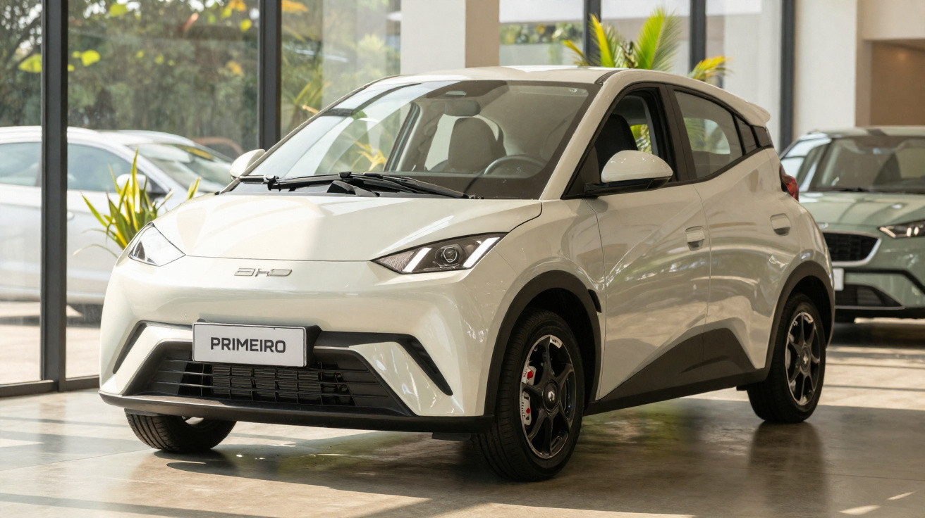 Carro elétrico compacto branco estacionado num showroom moderno, com luz natural e plantas ao fundo.