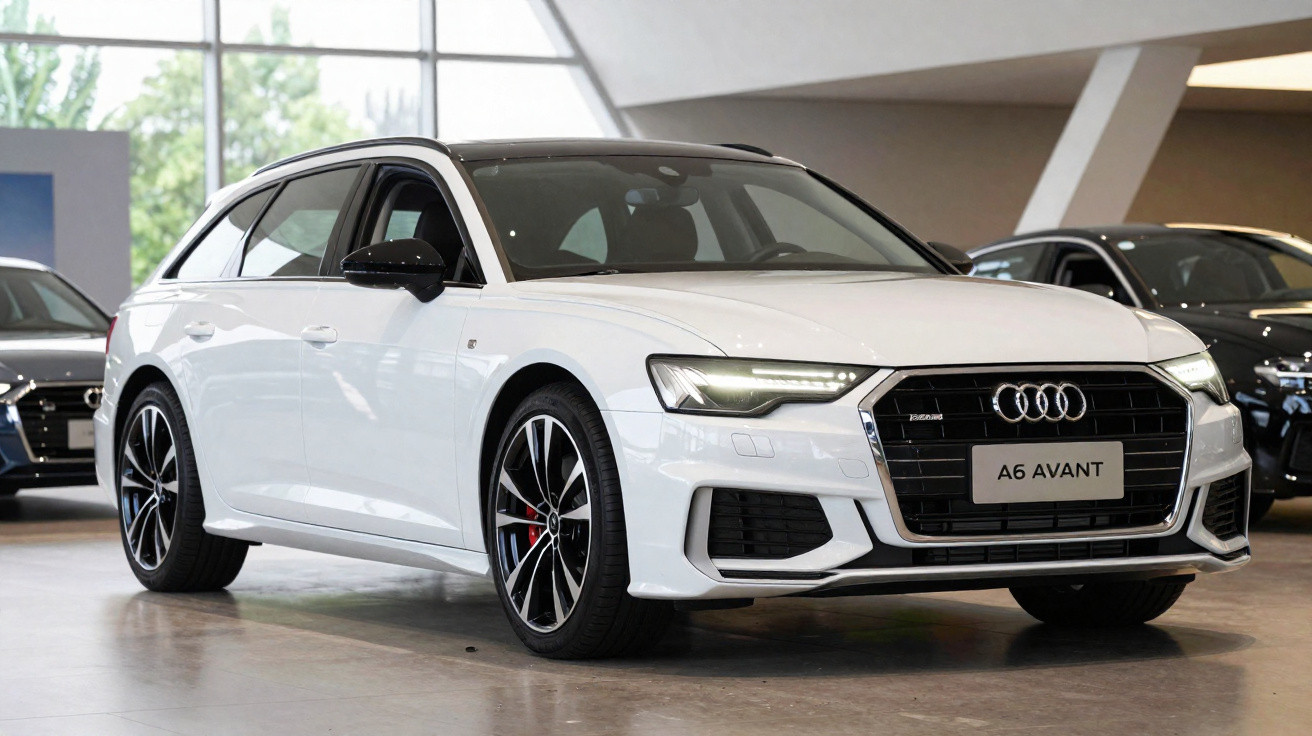 Audi A6 Avant branco em exposição numa sala moderna com piso cinza.
