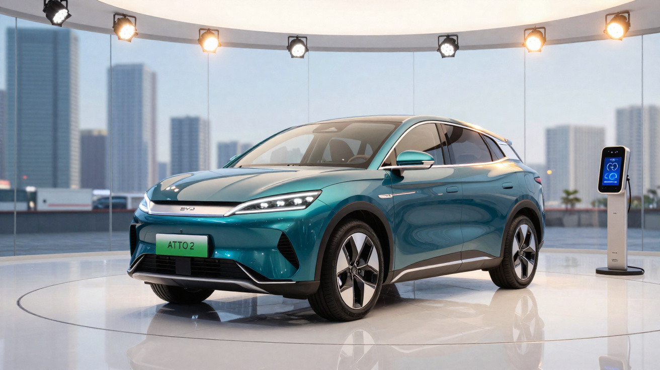 Carro elétrico BYD Atto 2 verde em exposição com carregador elétrico e cidade ao fundo.