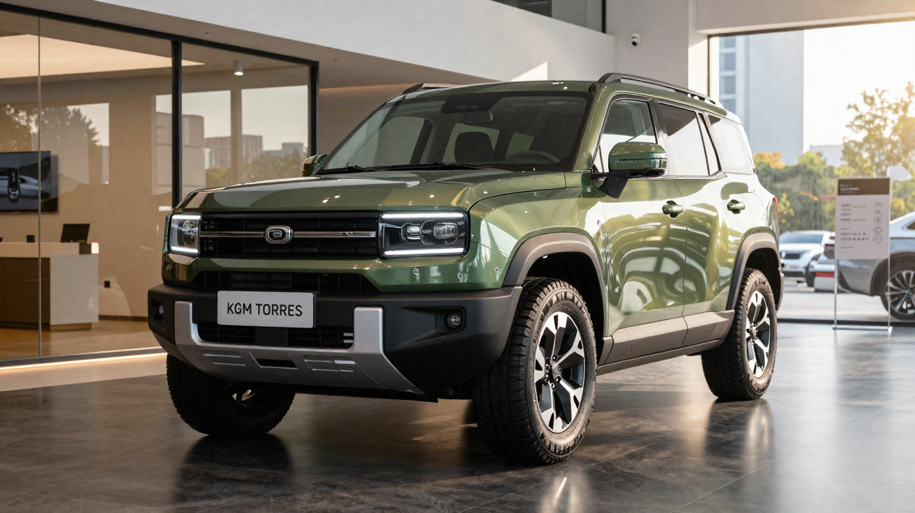 Veículo SUV verde escuro estacionado em exposição moderna de concessionária automóvel.